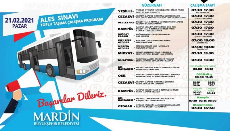 MARDİN BB TOPLU TAŞIM ARAÇLARI PAZAR GÜNÜ YAPILACAK ALES SINAVI NEDENİYLE  HİZMET VERECEK